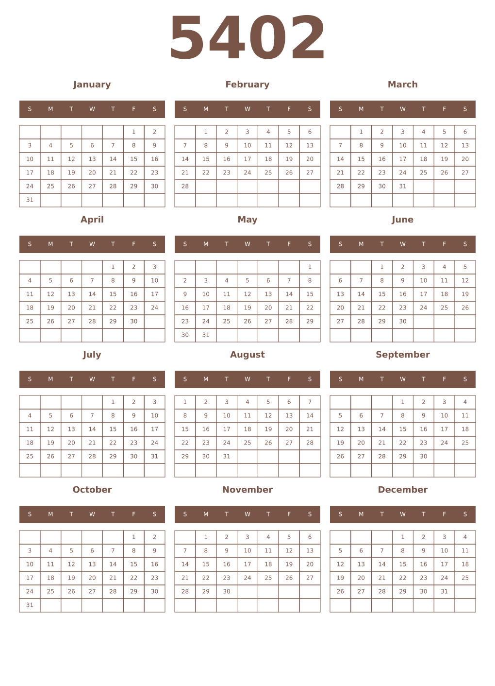 Printable 5402 Year Calendars coffe
