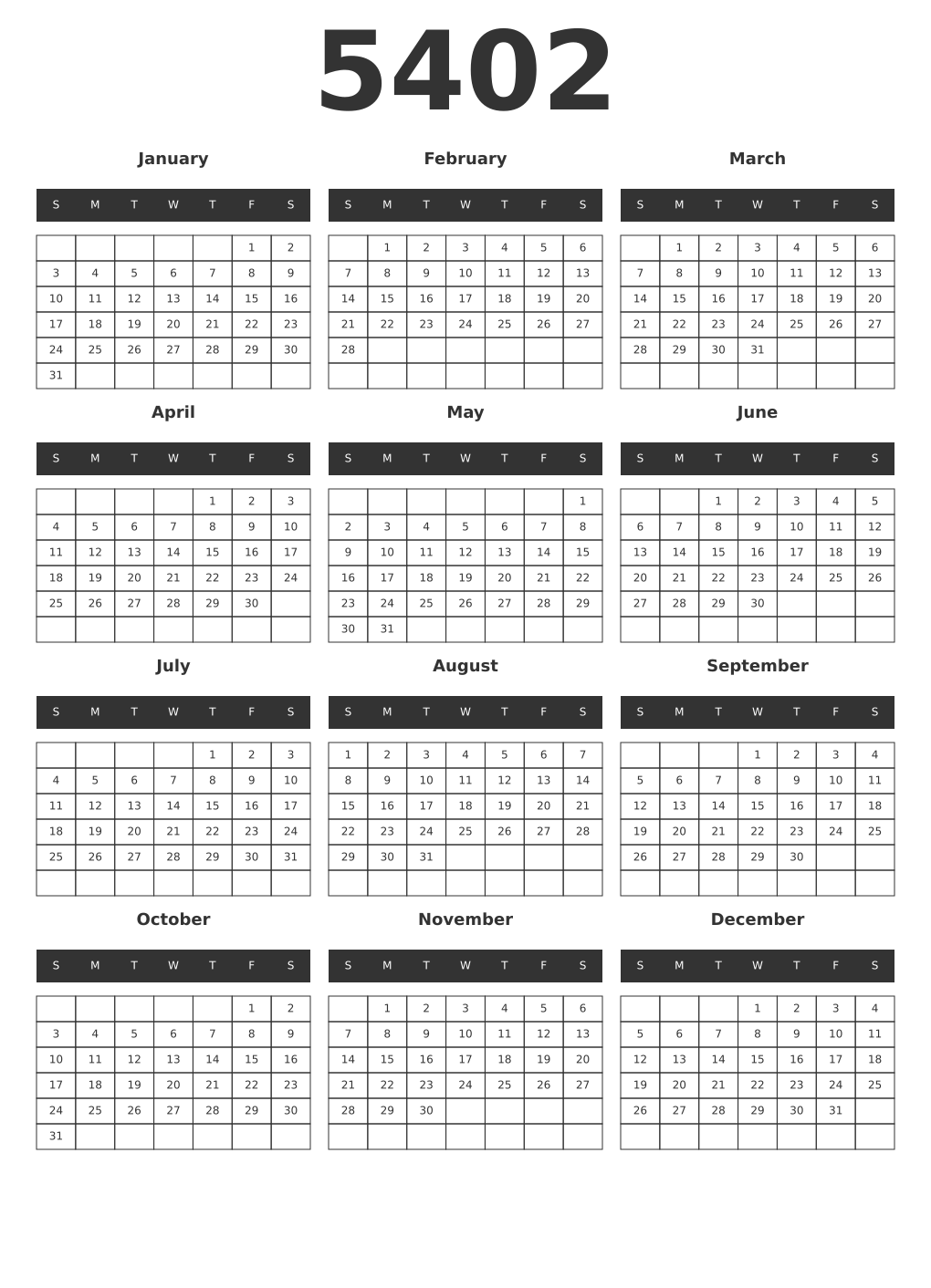 Printable 5402 Year Calendars dark
