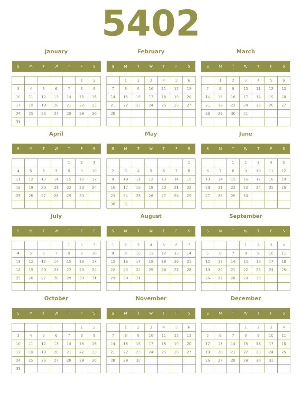 Printable 5402 Year Calendars eburnean