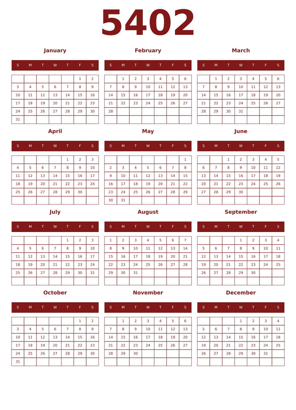 Printable 5402 Year Calendars falu
