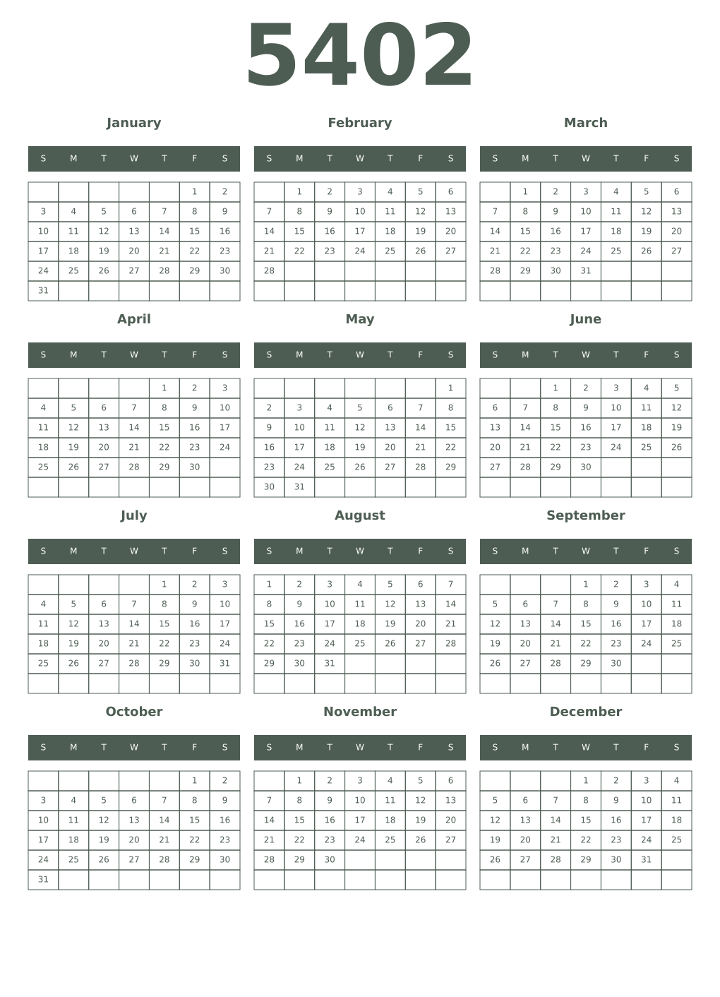 Printable 5402 Year Calendars feldgrau