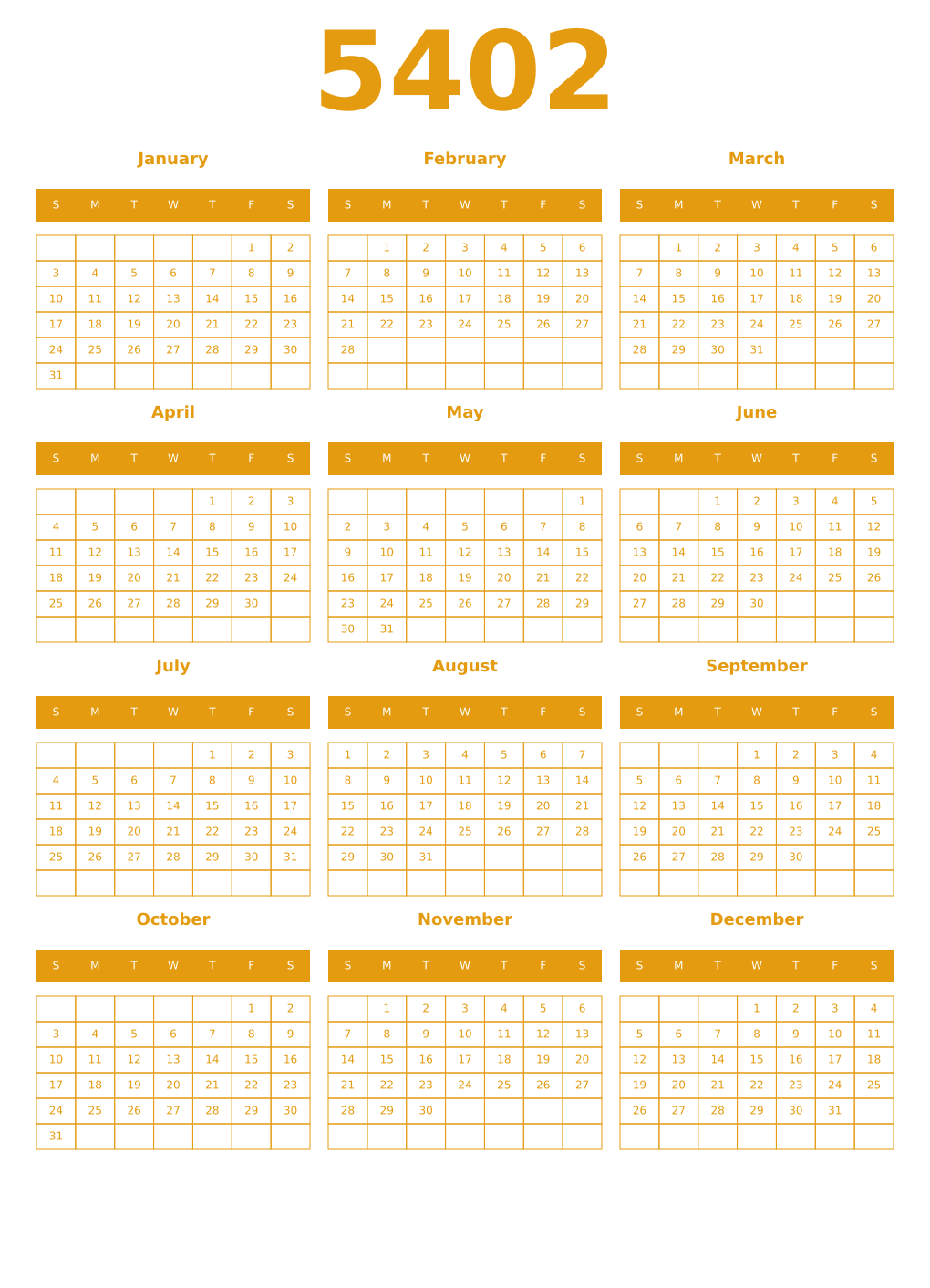 Printable 5402 Year Calendars gamboge