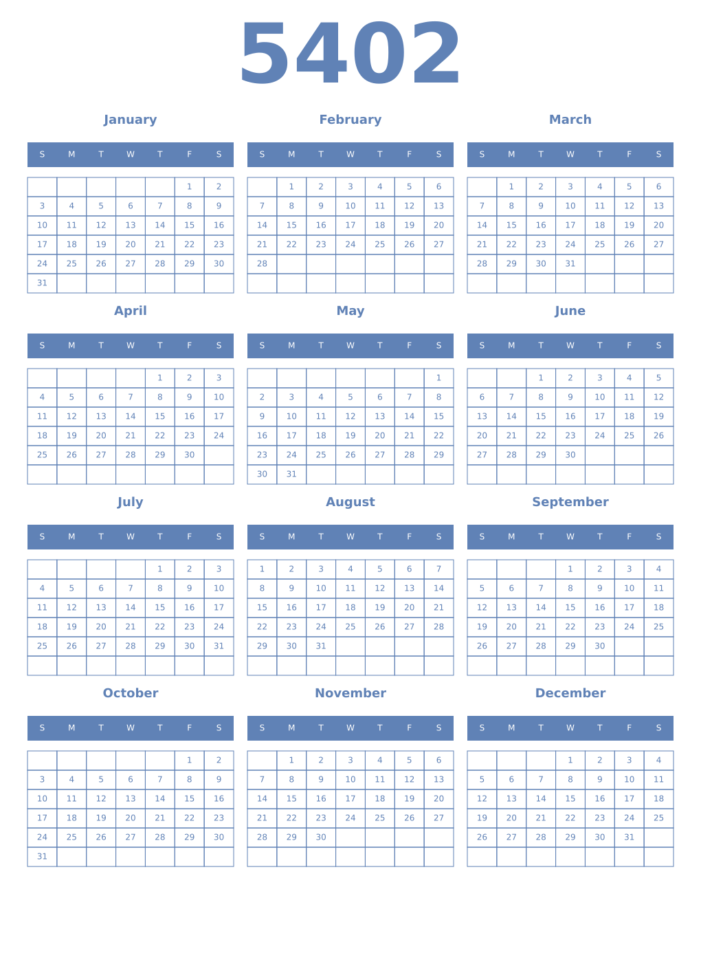 Printable 5402 Year Calendars glaucous