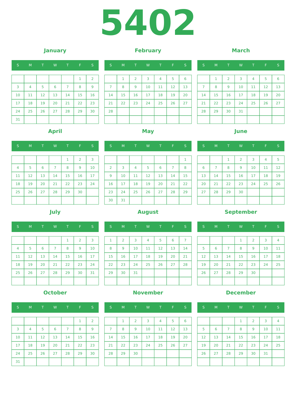 Printable 5402 Year Calendars green