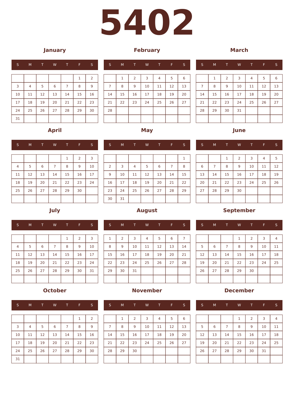 Printable 5402 Year Calendars mortuum