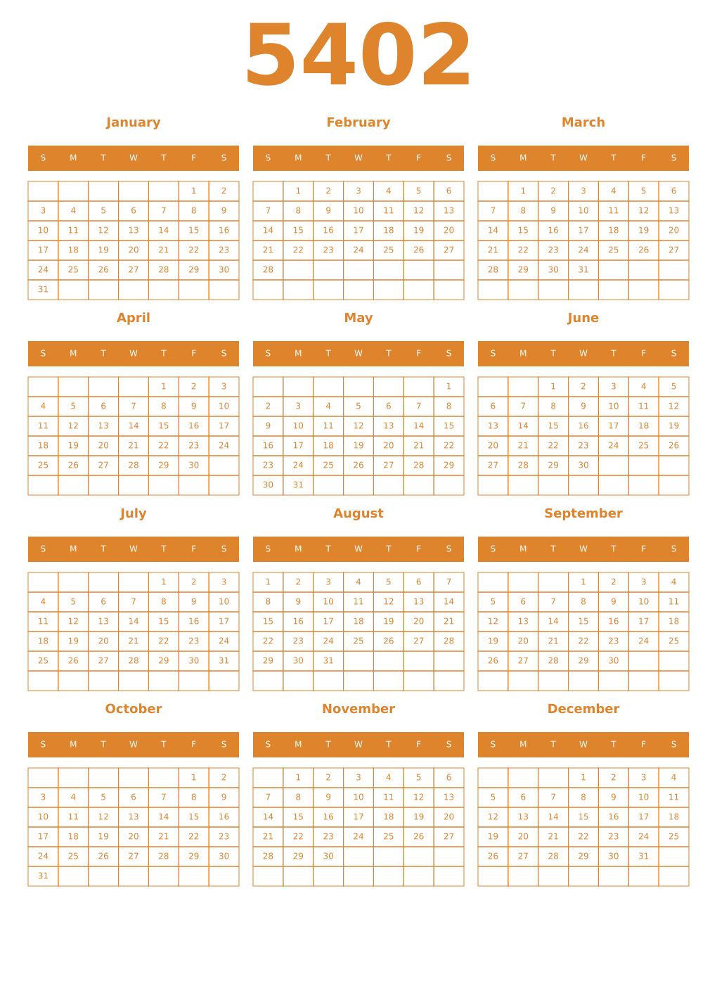Printable 5402 Year Calendars orange
