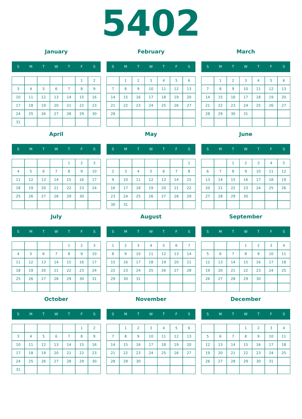 Printable 5402 Year Calendars pastel