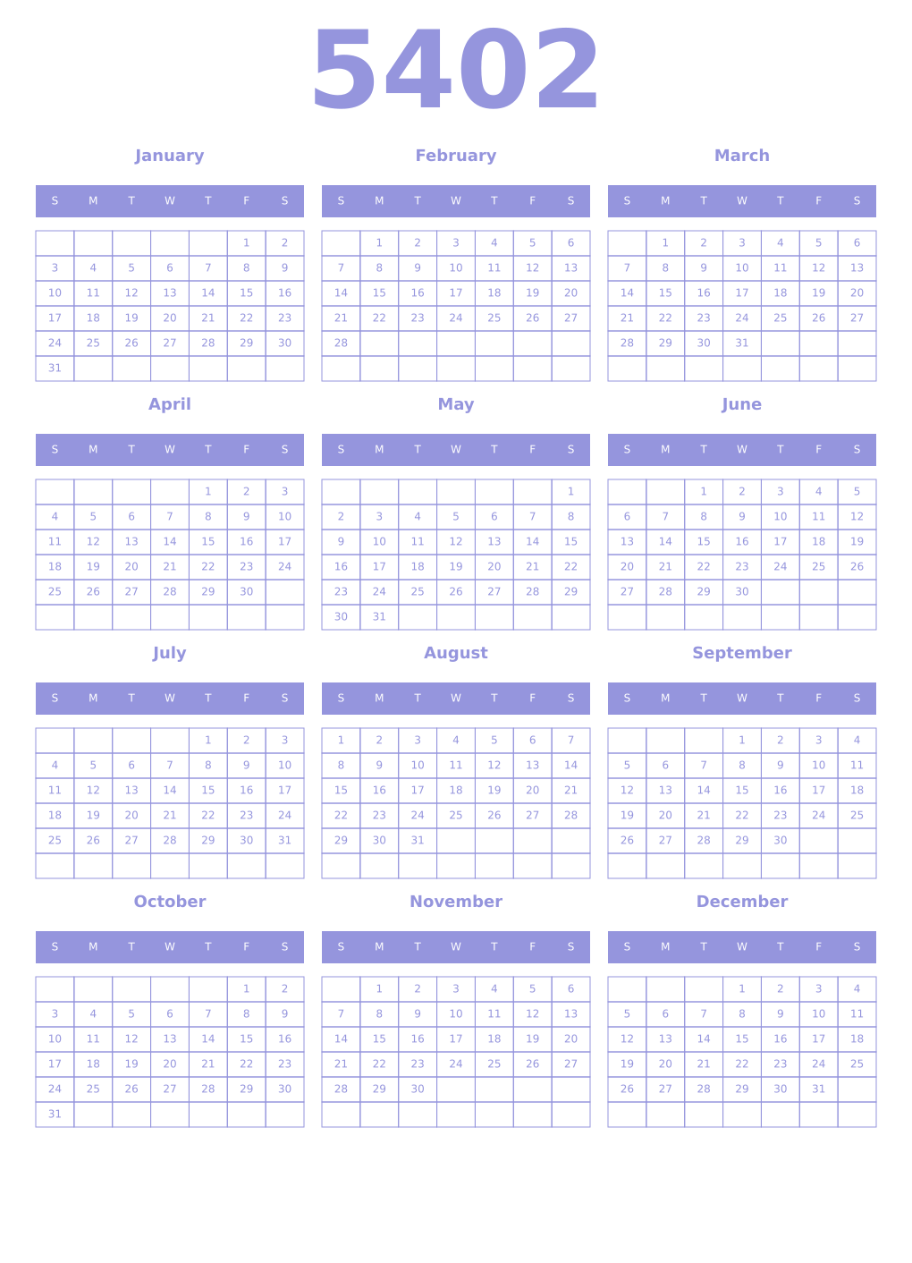Printable 5402 Year Calendars periwinkle