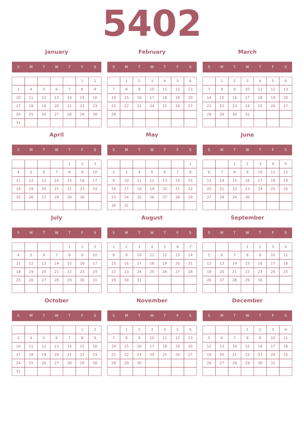 Printable 5402 Year Calendars puce