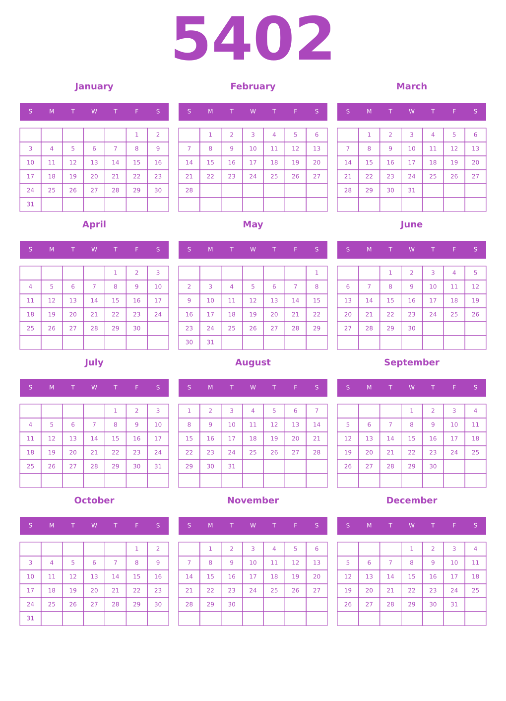 Printable 5402 Year Calendars purple