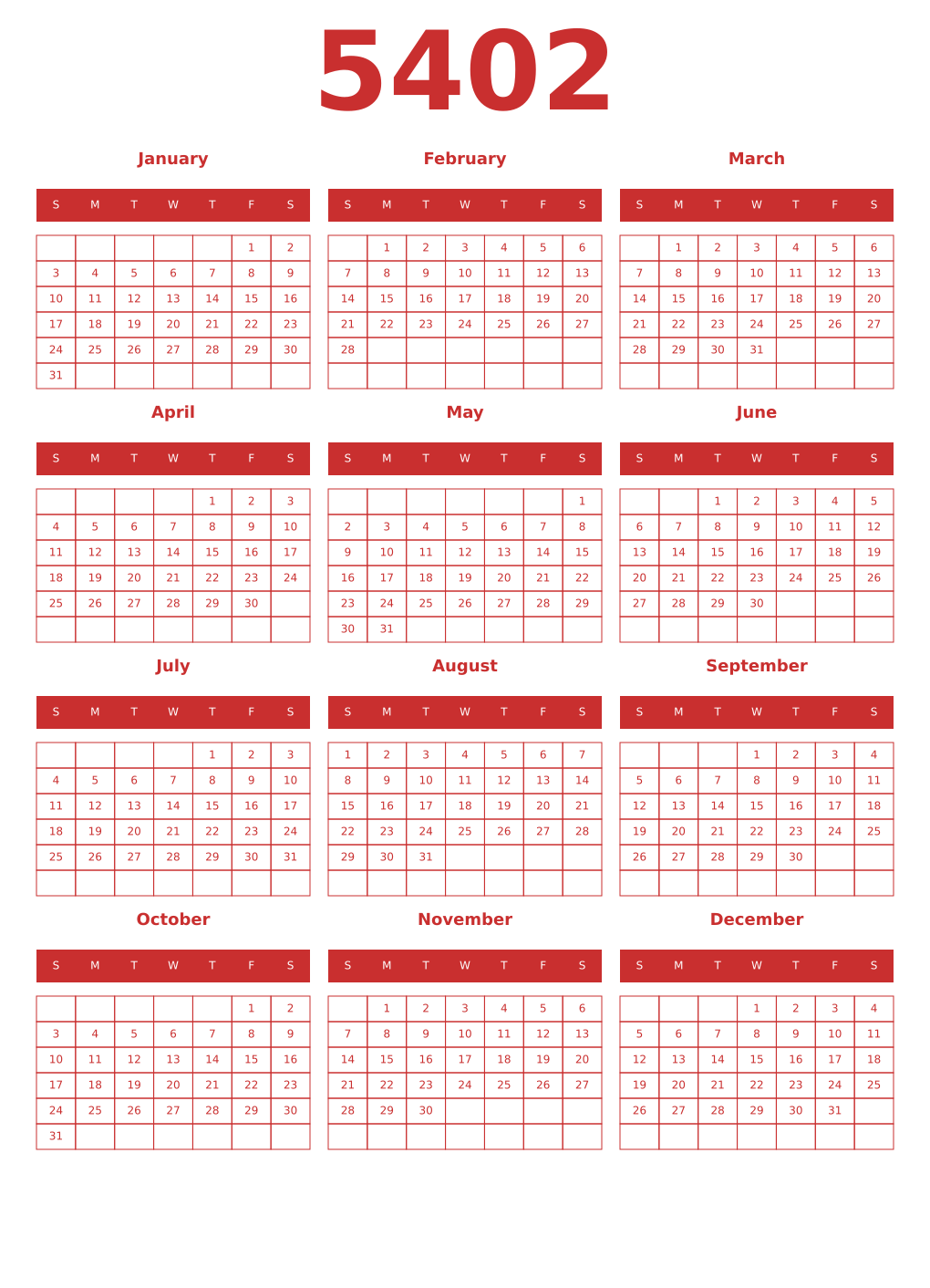 Printable 5402 Year Calendars red