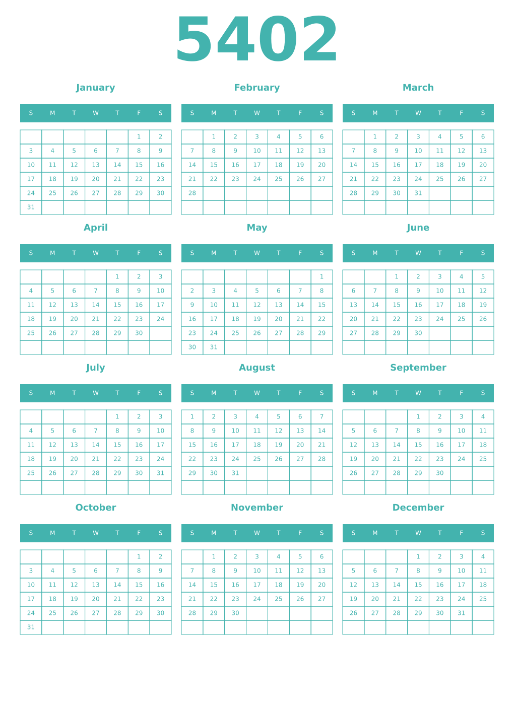 Printable 5402 Year Calendars verdigris