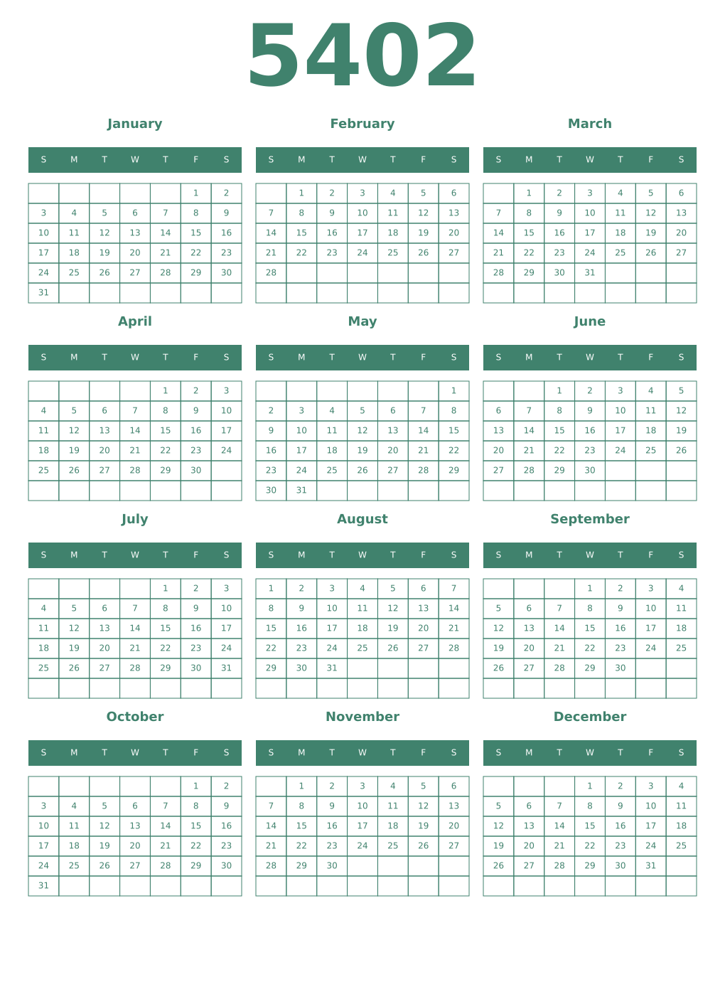 Printable 5402 Year Calendars viridian