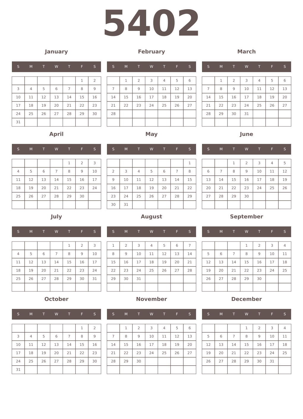 Printable 5402 Year Calendars wenge