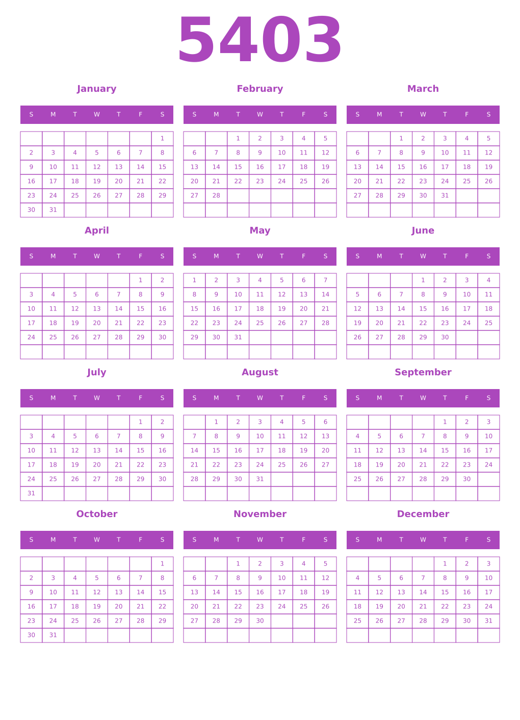 Printable 5403 Calendars