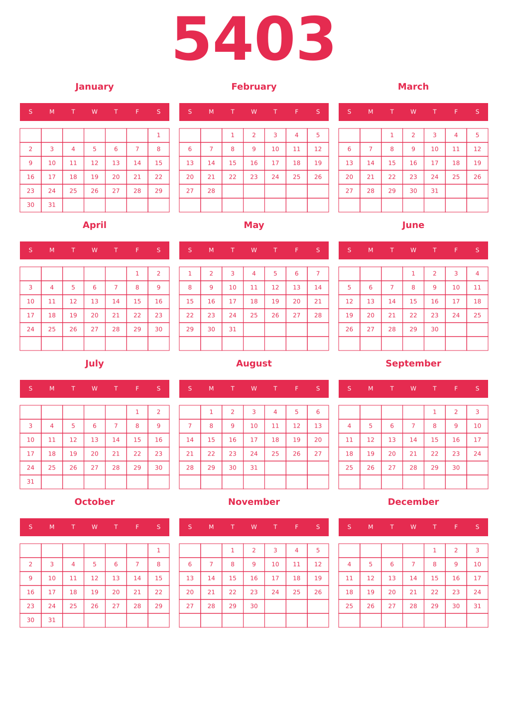 Printable 5403 Year Calendars amaranth