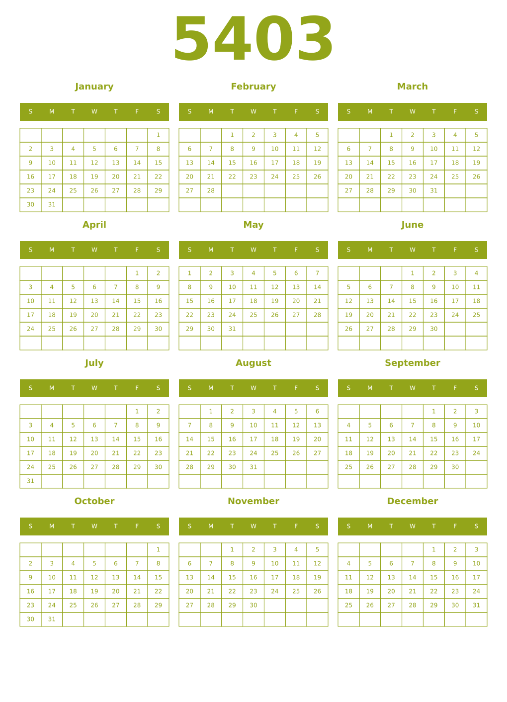 Printable 5403 Year Calendars chartreuse