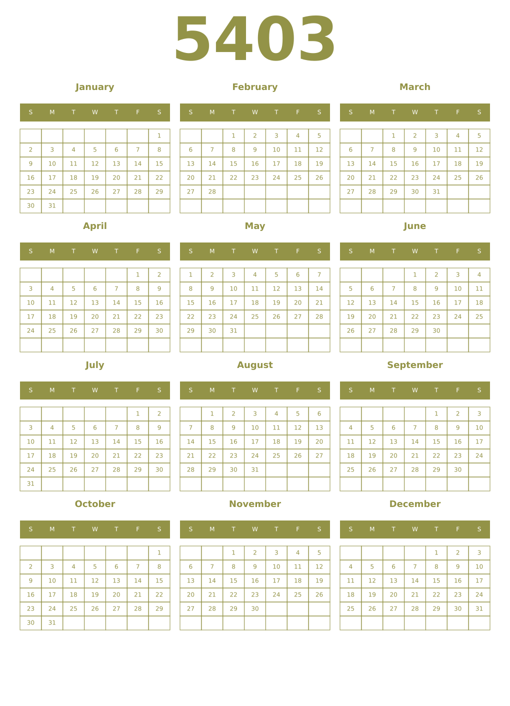 Printable 5403 Year Calendars eburnean