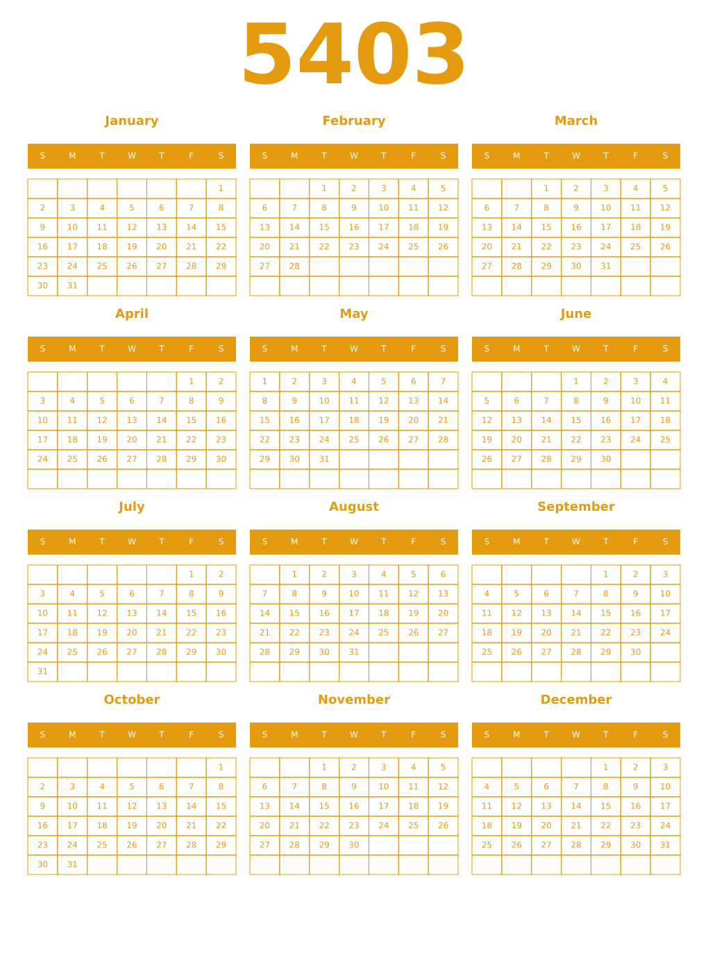 Printable 5403 Year Calendars gamboge