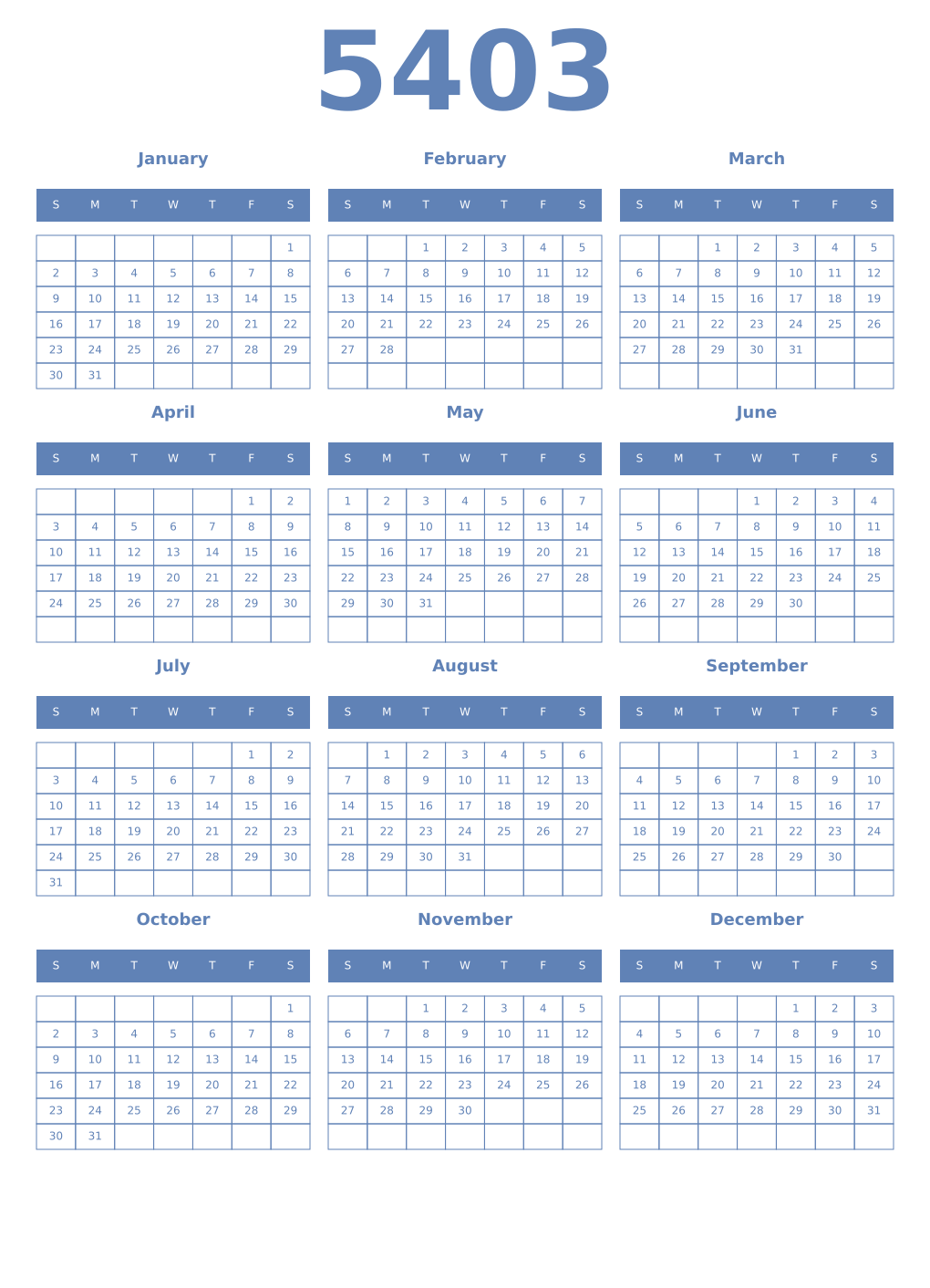 Printable 5403 Year Calendars glaucous