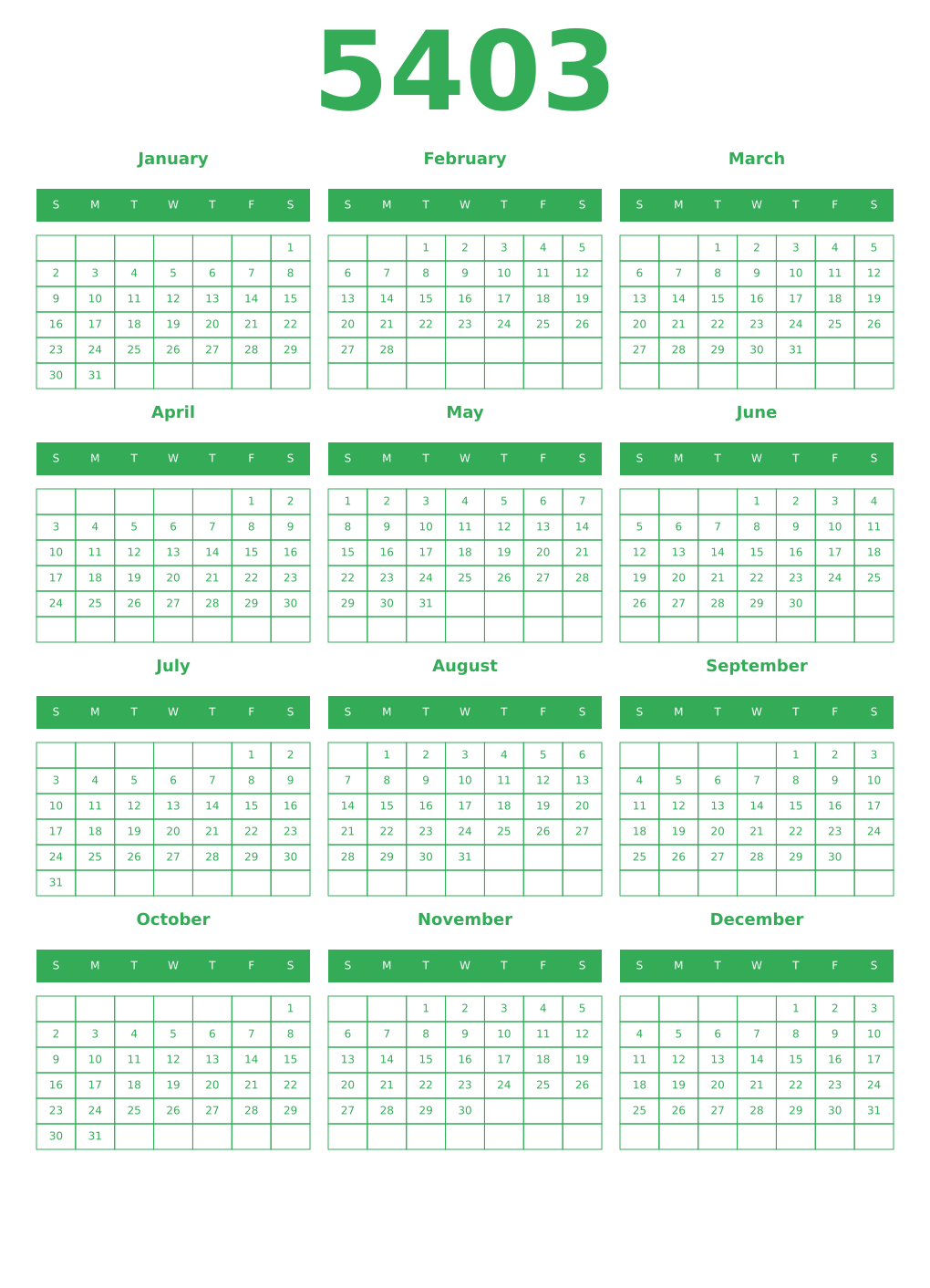 Printable 5403 Year Calendars green
