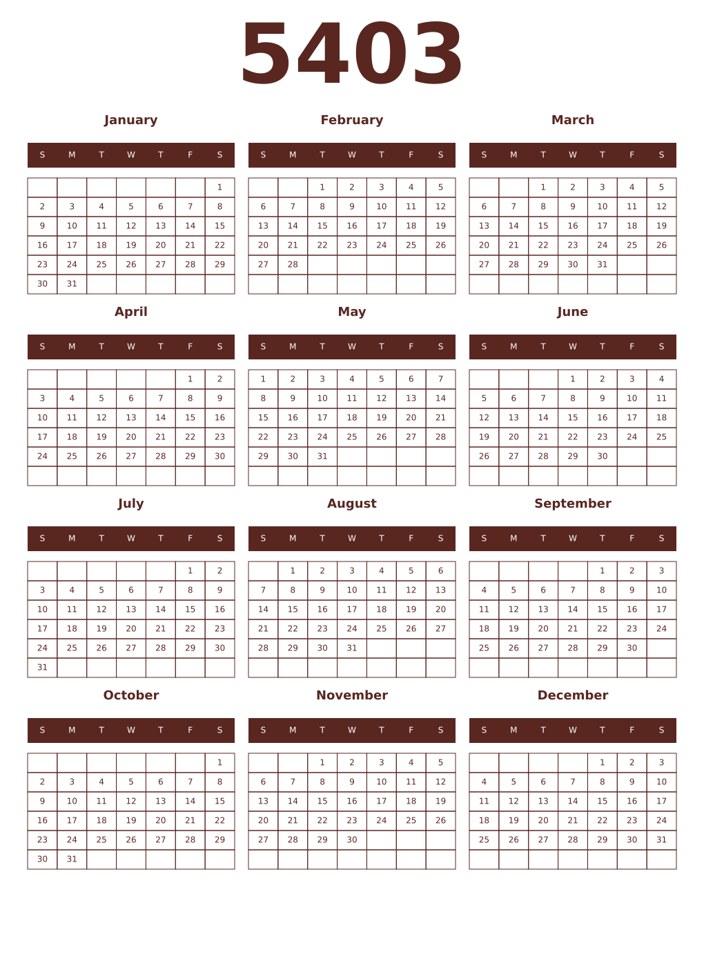 Printable 5403 Year Calendars mortuum