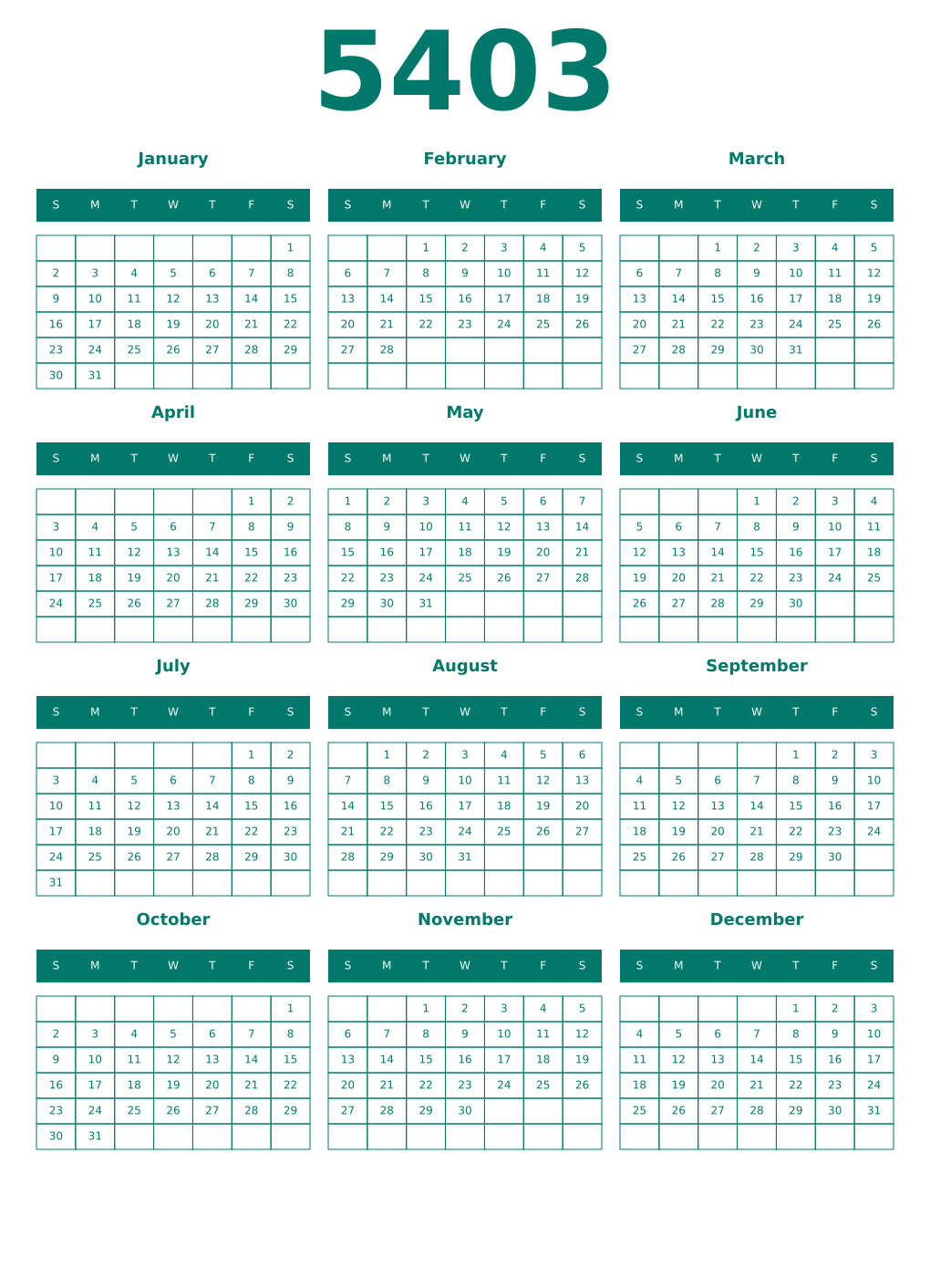 Printable 5403 Year Calendars pastel