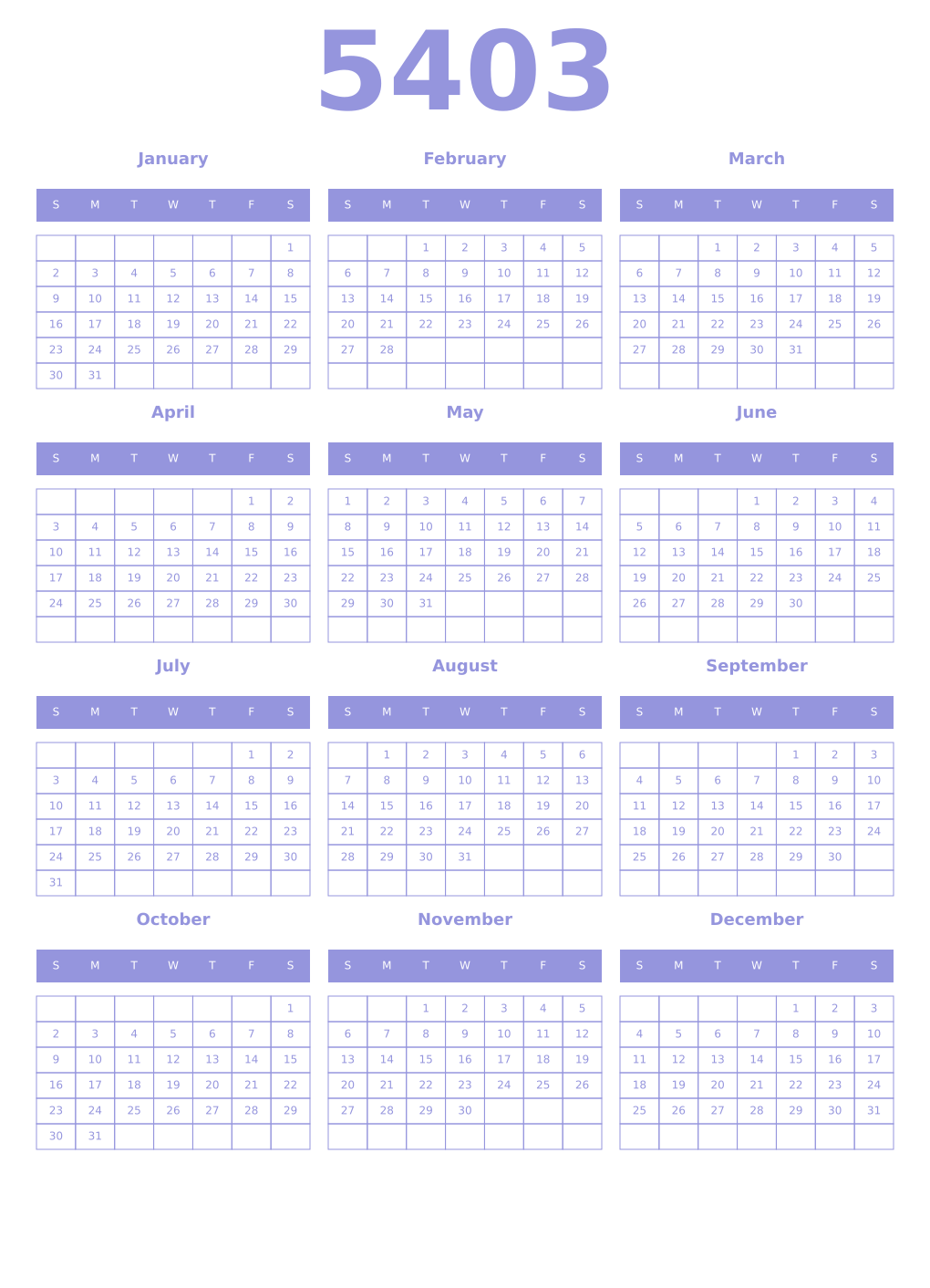 Printable 5403 Year Calendars periwinkle