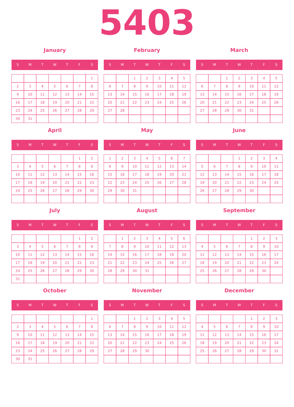 Printable 5403 Year Calendars pink
