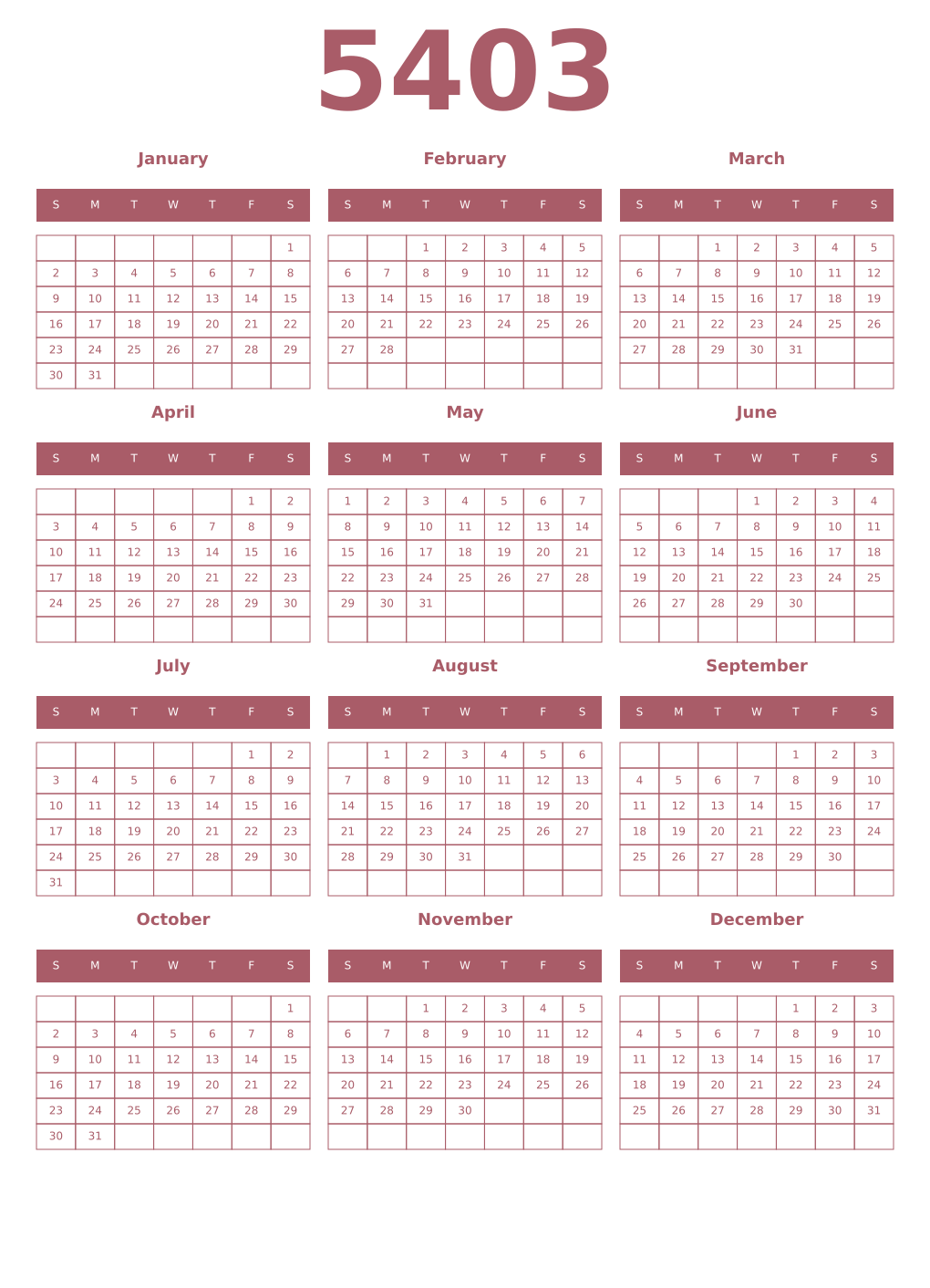 Printable 5403 Year Calendars puce