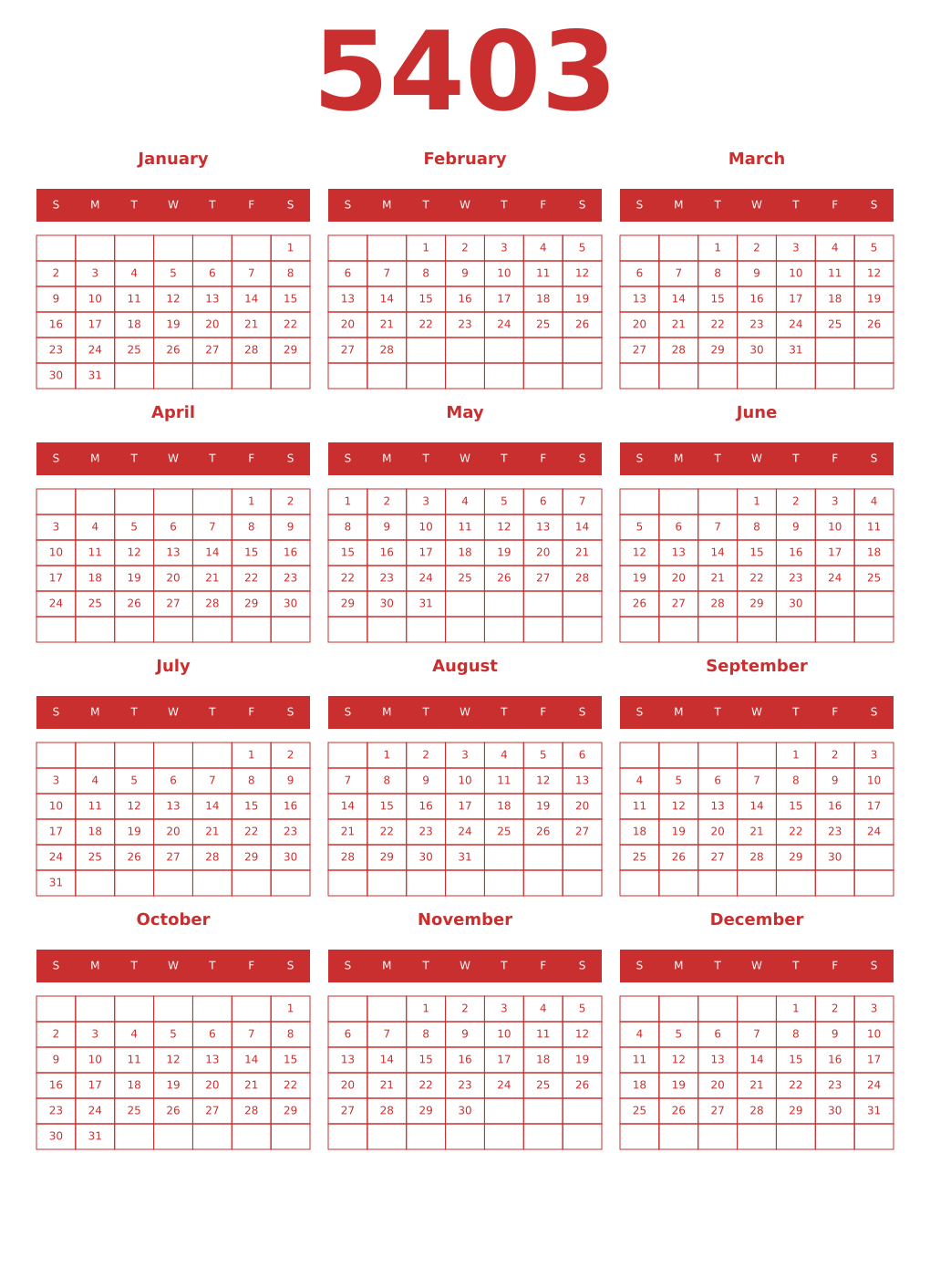 Printable 5403 Year Calendars red
