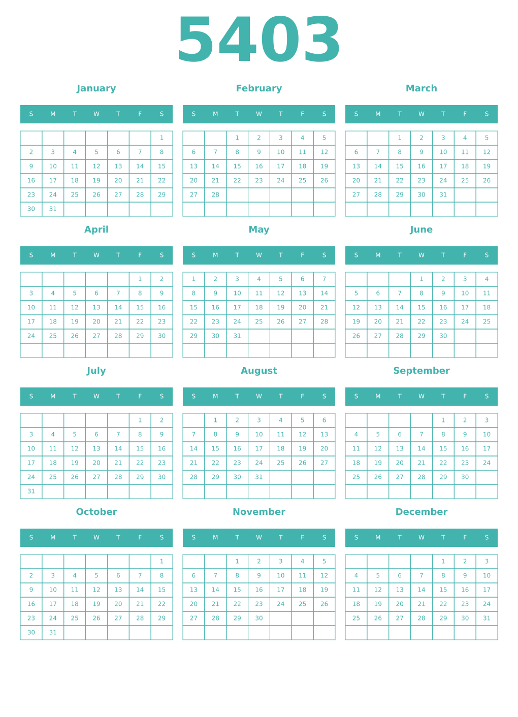 Printable 5403 Year Calendars verdigris