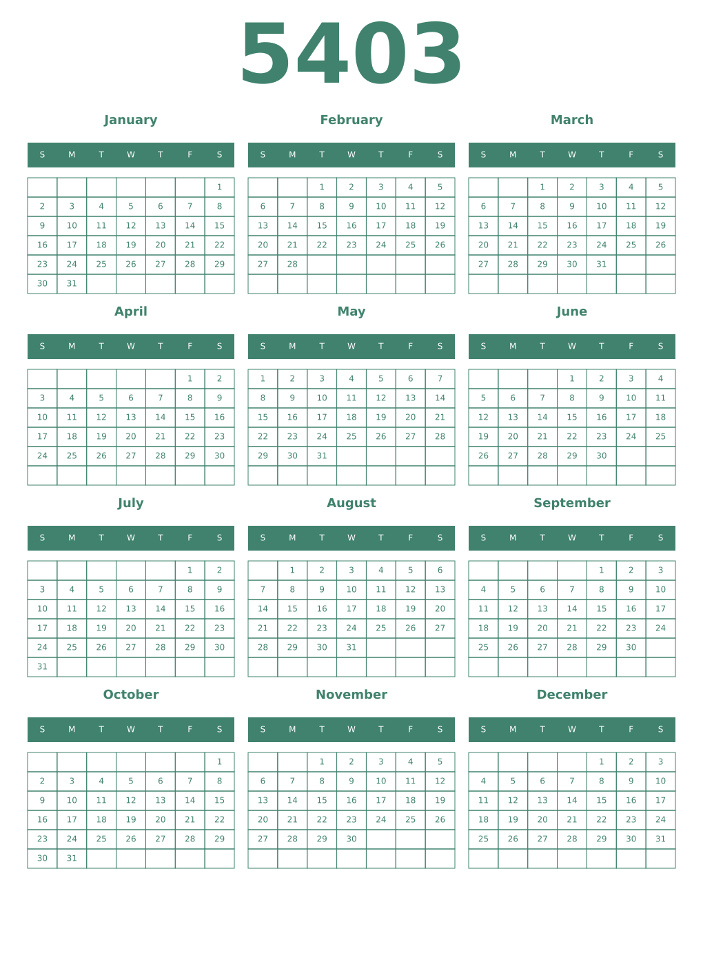 Printable 5403 Year Calendars viridian