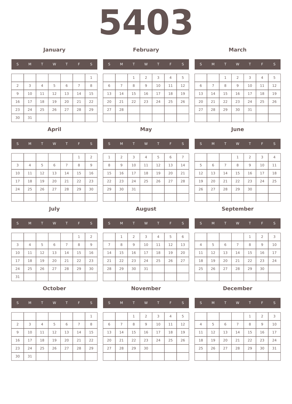 Printable 5403 Year Calendars wenge