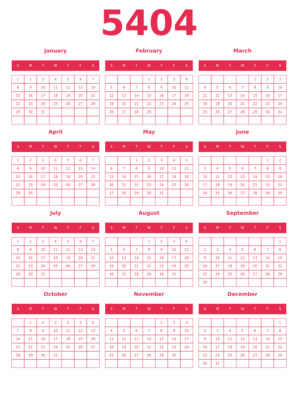 Printable 5404 Year Calendars amaranth