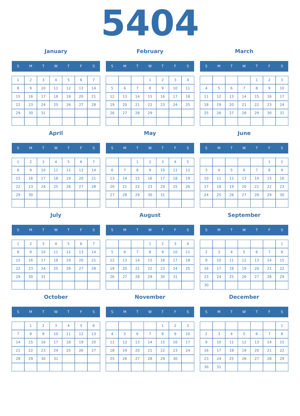 Printable 5404 Year Calendars blue