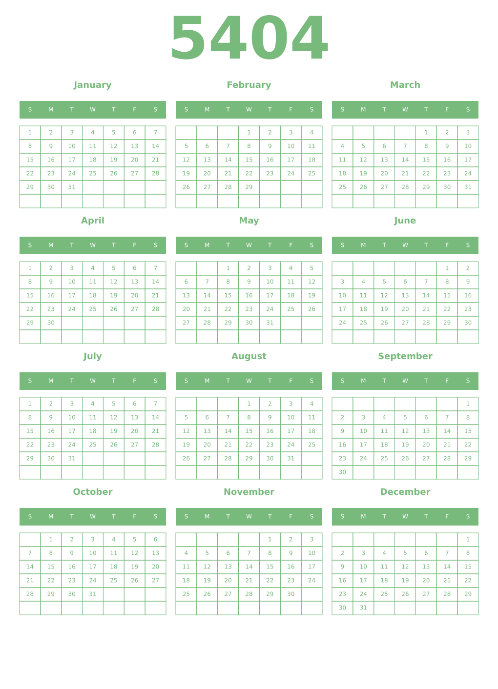 Printable 5404 Year Calendars celadon