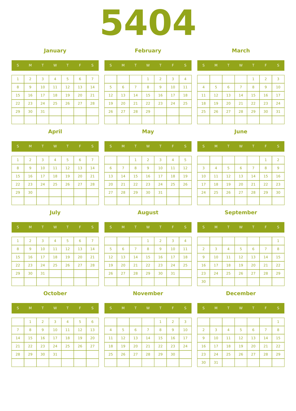 Printable 5404 Year Calendars chartreuse