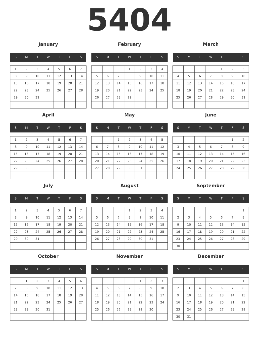 Printable 5404 Year Calendars dark