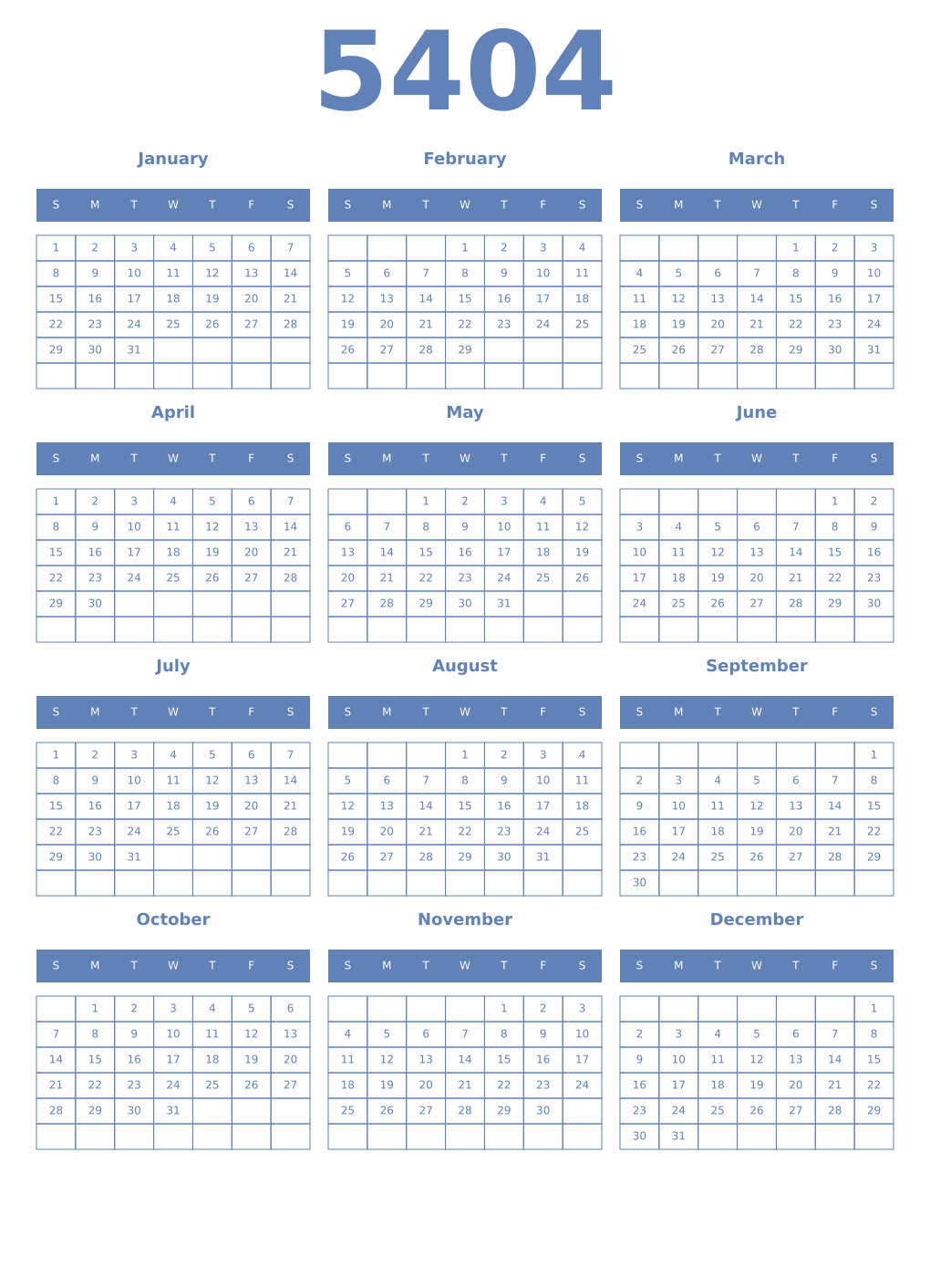 Printable 5404 Year Calendars glaucous