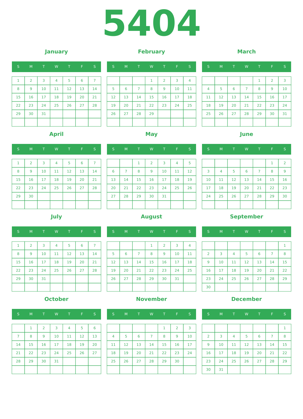 Printable 5404 Year Calendars green