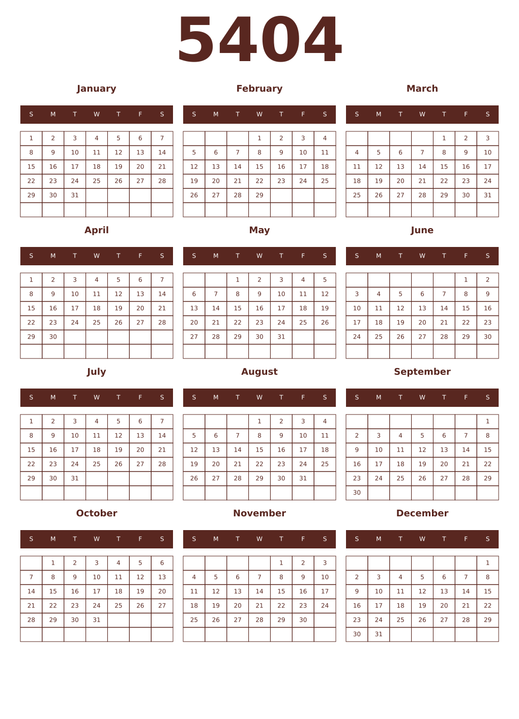 Printable 5404 Year Calendars mortuum