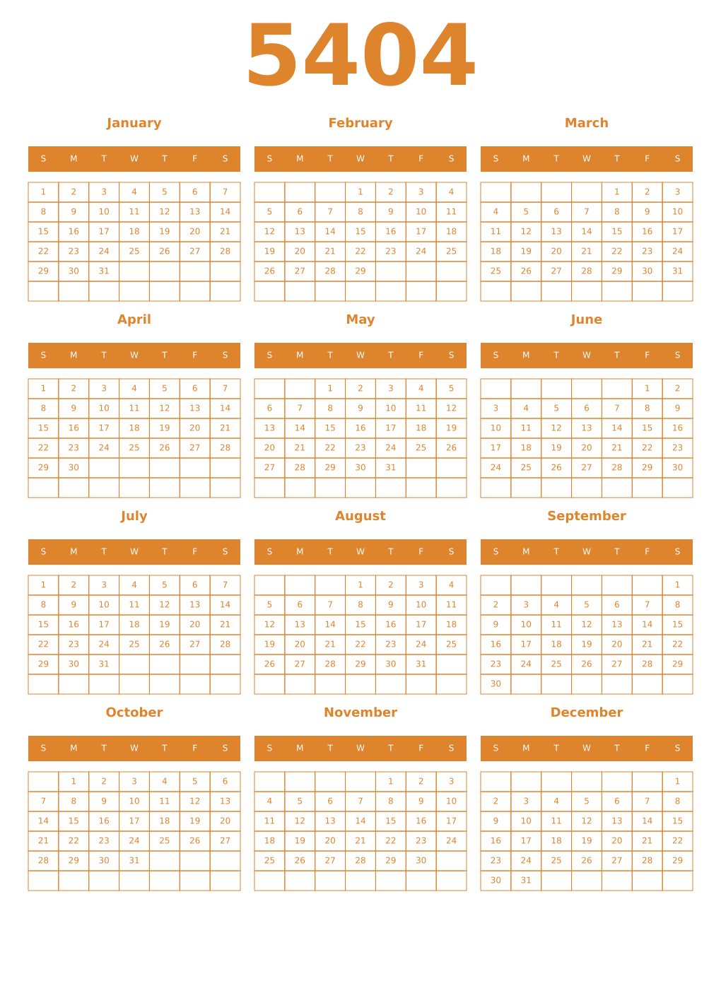 Printable 5404 Year Calendars orange