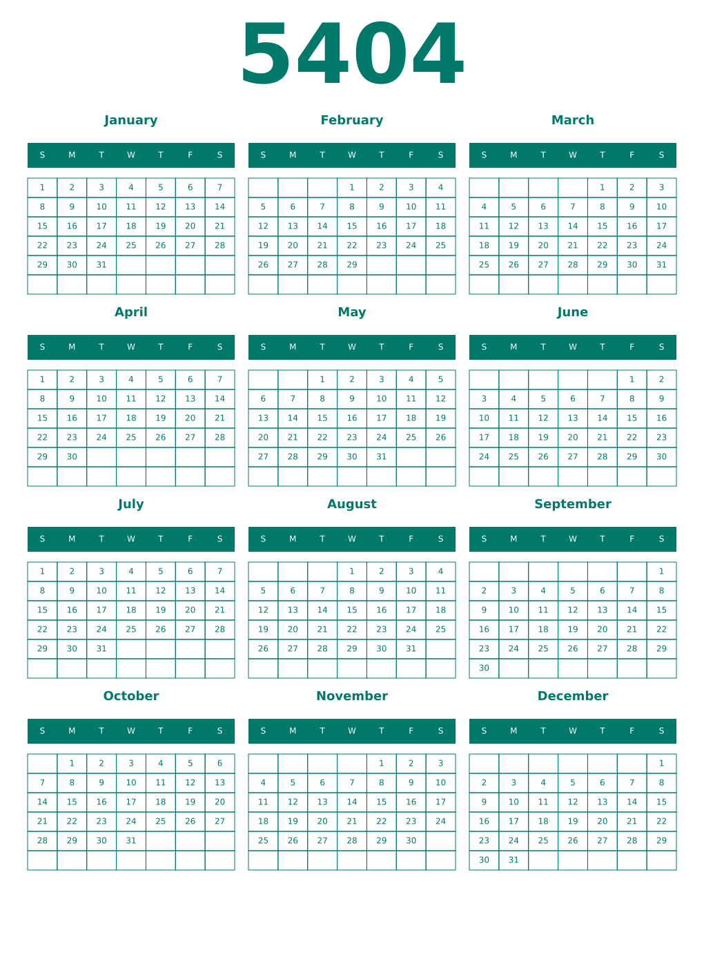 Printable 5404 Year Calendars pastel