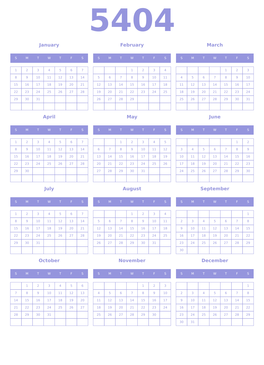 Printable 5404 Year Calendars periwinkle