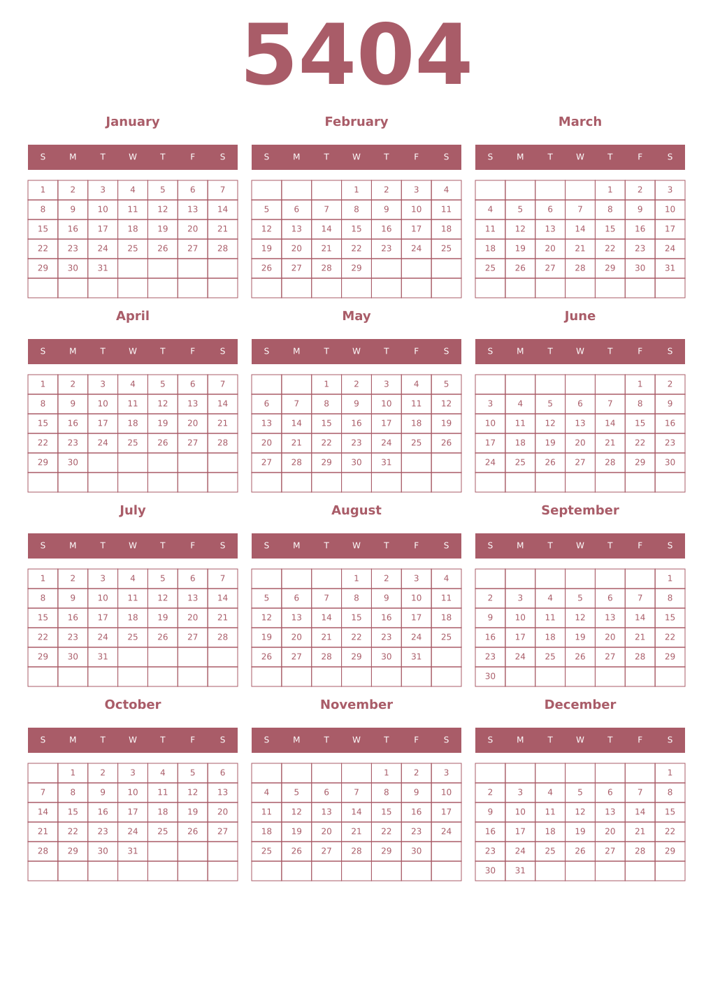 Printable 5404 Year Calendars puce