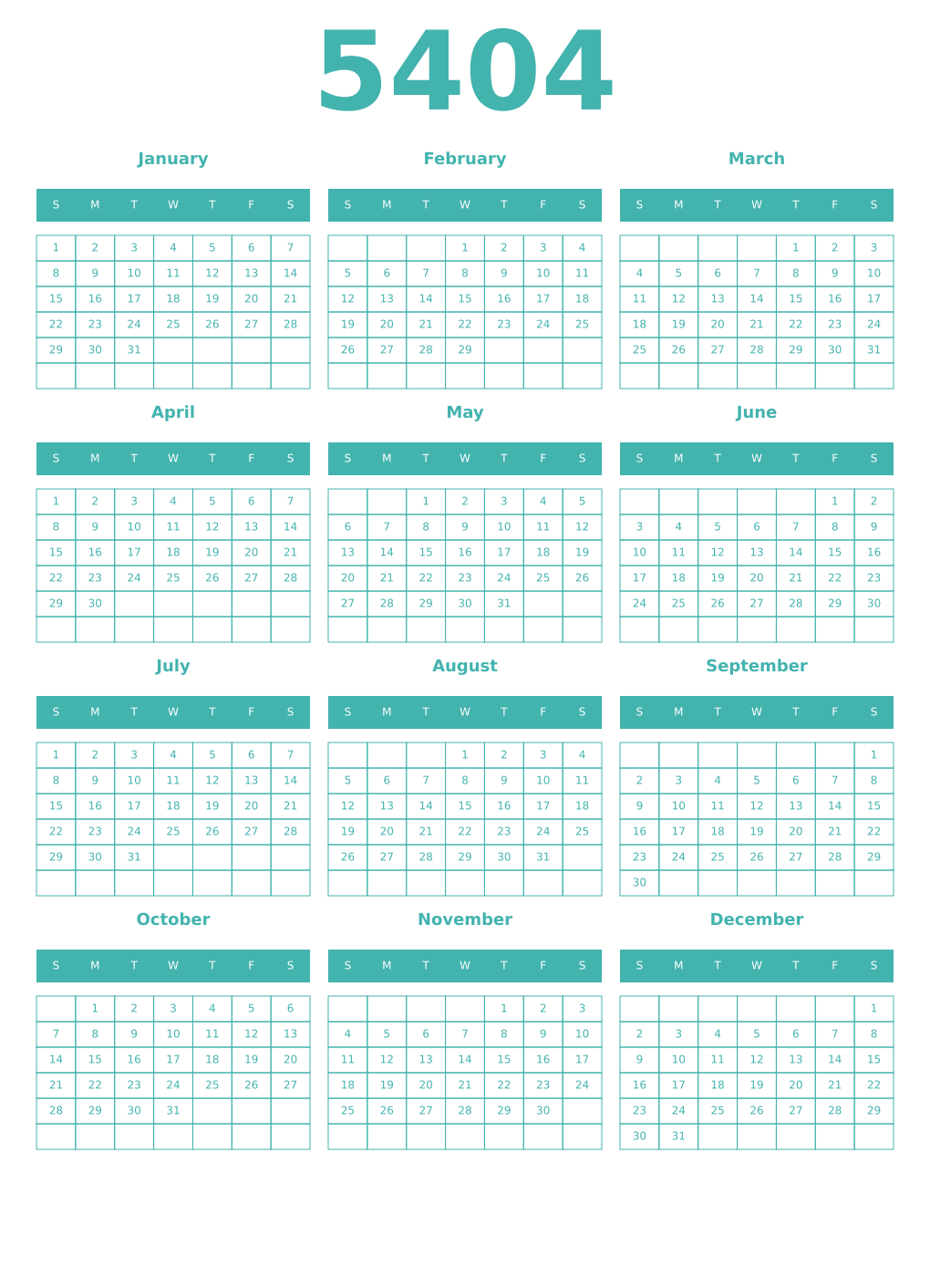 Printable 5404 Year Calendars verdigris