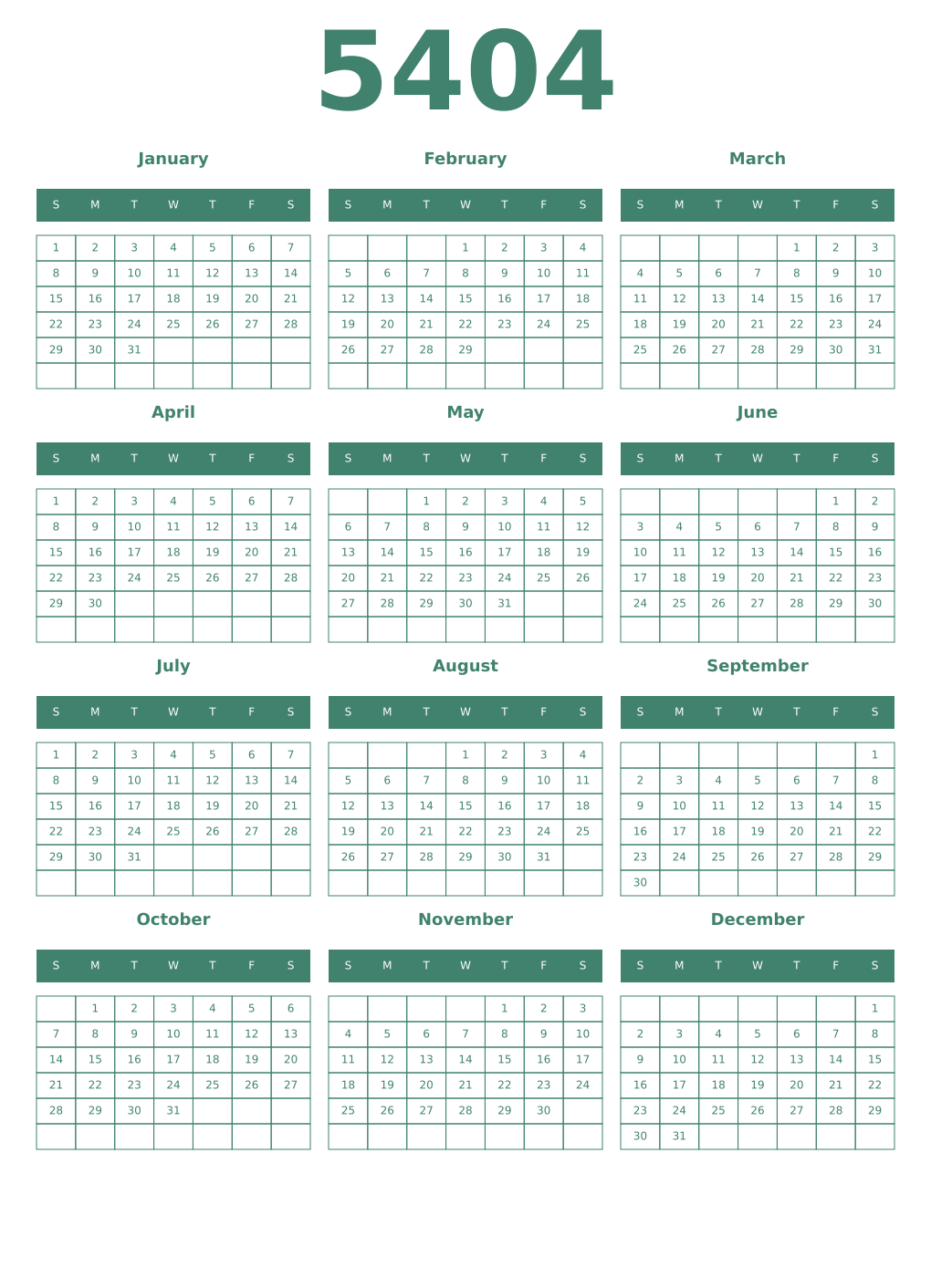 Printable 5404 Year Calendars viridian