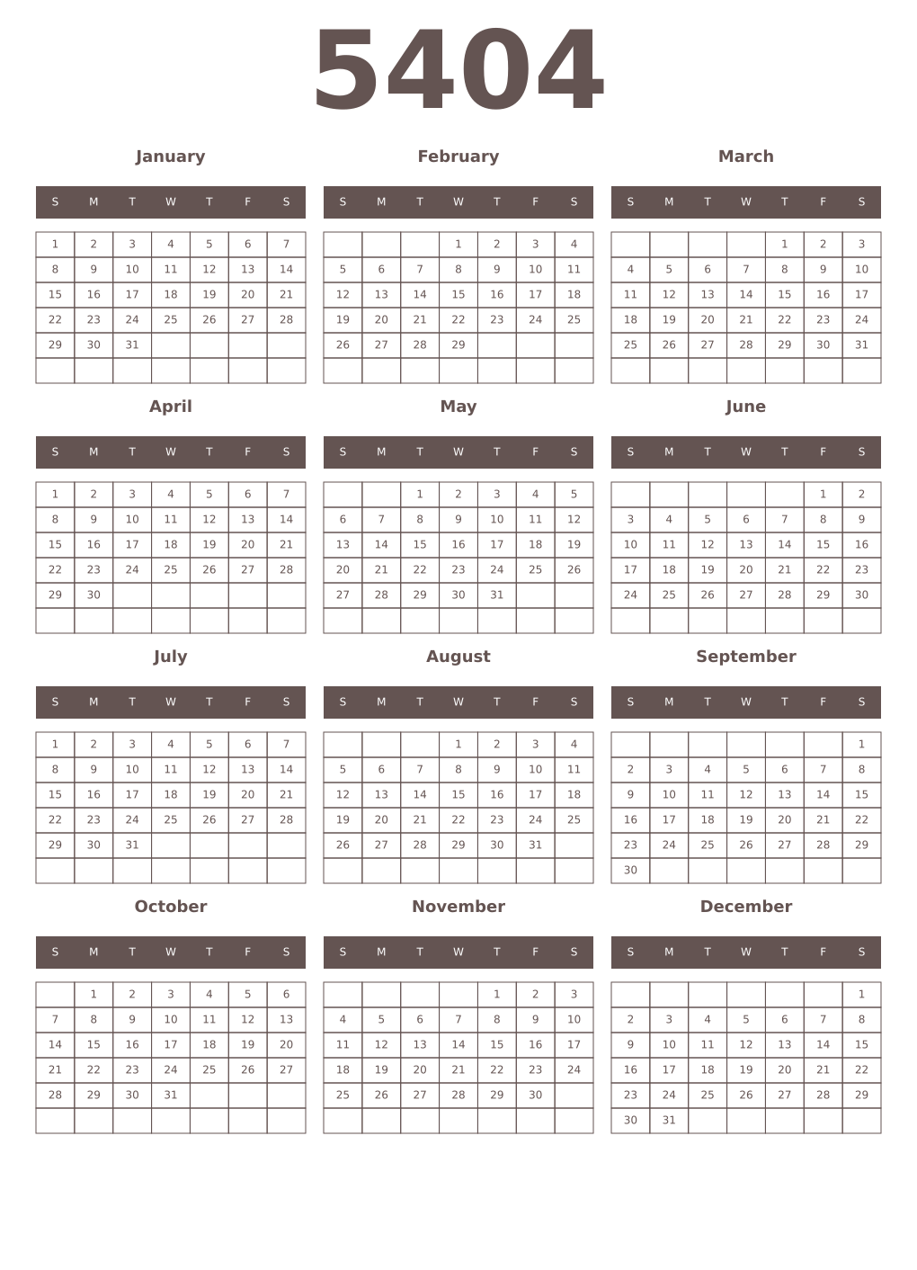 Printable 5404 Year Calendars wenge