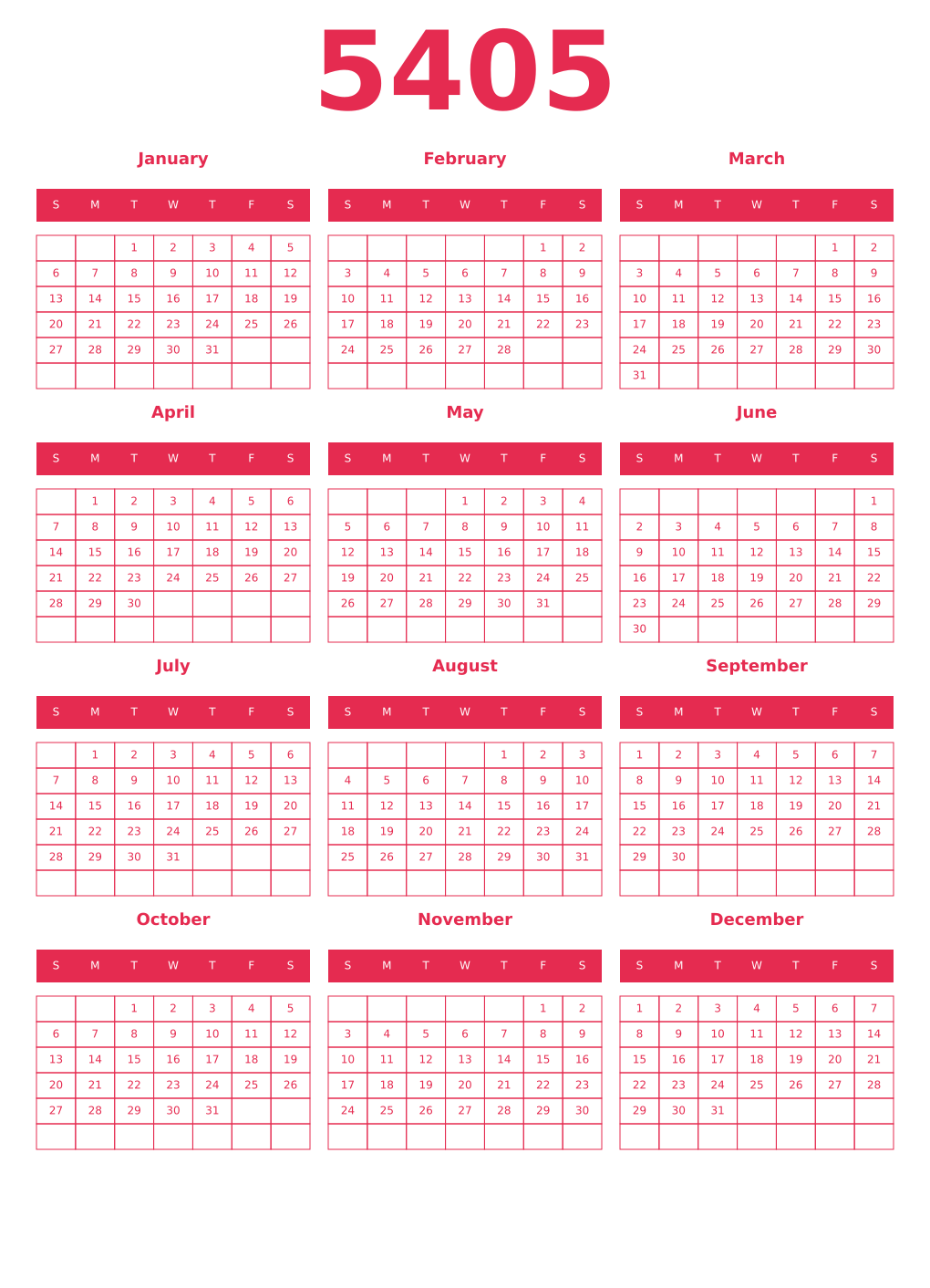 Printable 5405 Year Calendars amaranth